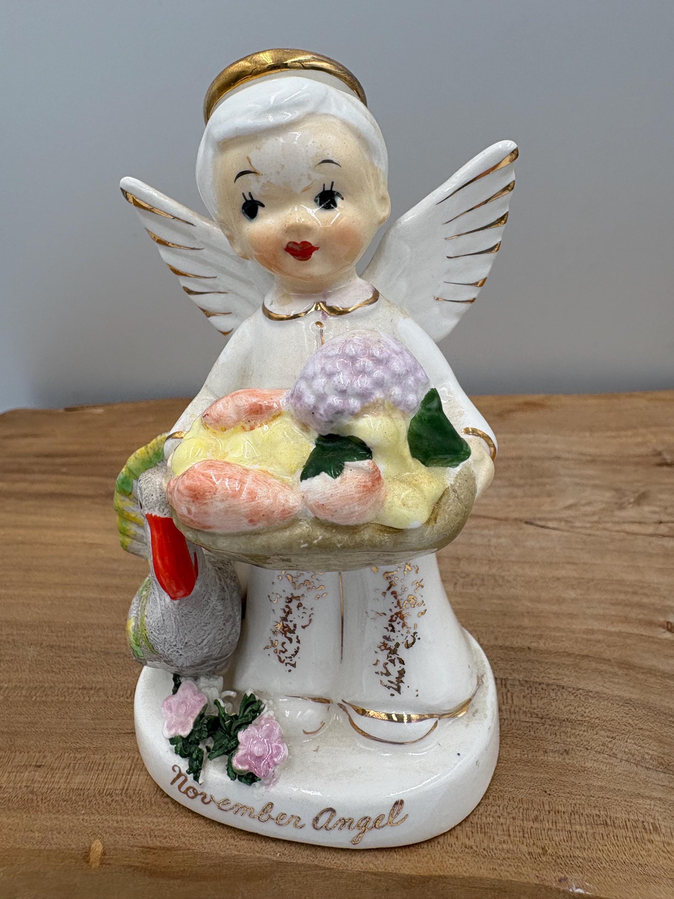 Napco November Boy Angel Turkey Birthday Month Gold MCM 1956