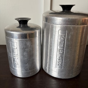 1940/50’s A C Hellers Hostess Aluminum Sugar Tea Canisters Art Deco Lettering