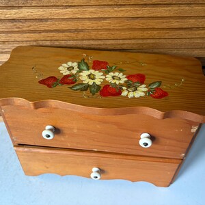 Vintage Wooden Jewelry Box Handpainted Strawberry Design Porcelain Knobs