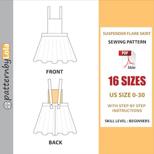 Suspender flare skirt, U.S Size 0-30 Beginner Sewing Pattern, A0, A4, US-Letter Pattern + Easy Instruction.