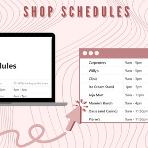 May include: A screenshot of a computer screen showing a table of shop schedules in the video game Stardew Valley. The table lists the name of each shop, the hours of operation, and the days of the week that the shop is open. The shops listed include: Carpenter's, Willy's, Clinic, Ice Cream Stand, Joja Mart, Marnie's Ranch, Oasis (and Casino), and Pierre's.