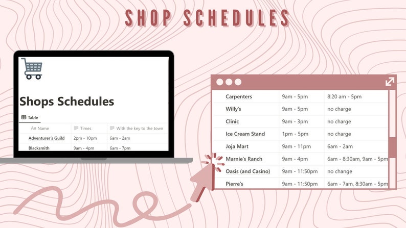 May include: A screenshot of a computer screen showing a table of shop schedules in the video game Stardew Valley. The table lists the name of each shop, the hours of operation, and the days of the week that the shop is open. The shops listed include: Carpenter's, Willy's, Clinic, Ice Cream Stand, Joja Mart, Marnie's Ranch, Oasis (and Casino), and Pierre's.