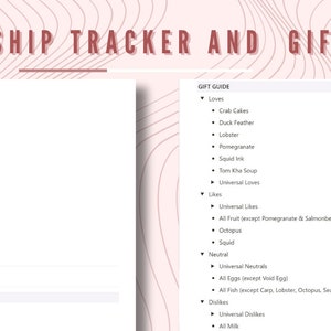 May include: A pink and white patterned background with the text "Friendship Tracker and Gift Guide". A white form with the title "Elliot" and a checklist with numbered items. A gift guide section with the headings "Loves", "Likes", "Neutral", and "Dislikes".