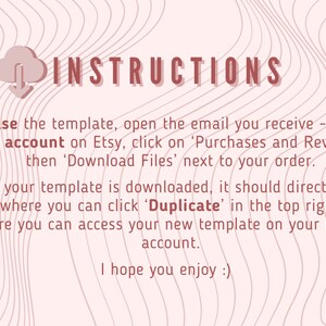 May include: Instructions for downloading and using a Notion template. The text explains how to access the template after purchase and how to duplicate it in Notion.