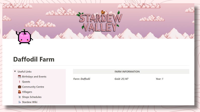May include: A screenshot of a Stardew Valley game profile page. The page shows the name "Daffodil Farm" and the farm information, including the farm name "Daffodil", gold amount of 25,147, and year 1.