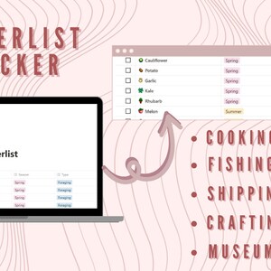 May include: A computer screen displaying a checklist of crops and their seasons. The checklist is labeled "Shipping Masterlist". The text "MASTERLIST TRACKER" is displayed at the top of the image. The image also includes a list of activities: "COOKING", "FISHING", "SHIPPING", "CRAFTING", and "MUSEUM".