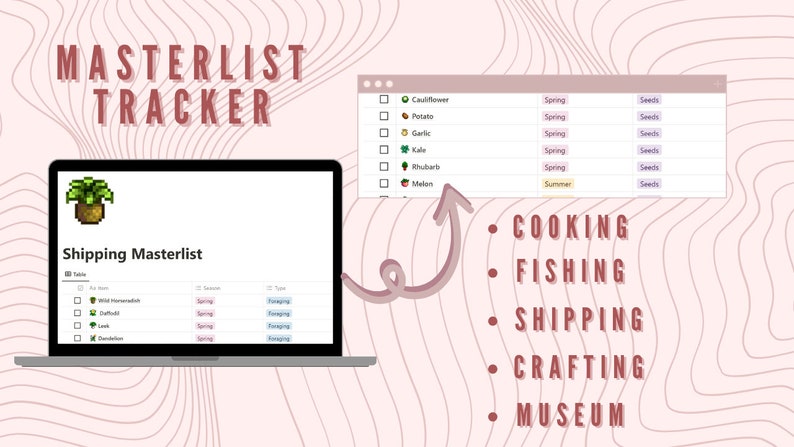 May include: A computer screen displaying a checklist of crops and their seasons. The checklist is labeled "Shipping Masterlist". The text "MASTERLIST TRACKER" is displayed at the top of the image. The image also includes a list of activities: "COOKING", "FISHING", "SHIPPING", "CRAFTING", and "MUSEUM".