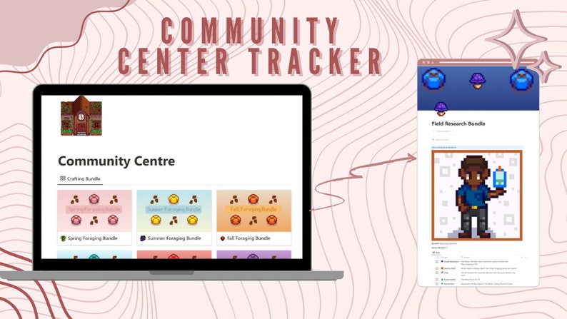 May include: A computer screen displaying a website called "Community Center Tracker". The website has a list of bundles to complete in the video game Stardew Valley. The bundles include "Spring Foraging Bundle", "Summer Foraging Bundle", and "Fall Foraging Bundle".