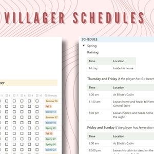 May include: A printable villager schedule tracker for the video game Stardew Valley. The tracker includes a grid for recording friendship levels with different villagers, along with their birthdays. The schedule section lists the daily routines of the villager Elliott, including his location and time of day.