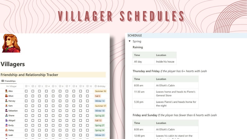 May include: A printable villager schedule tracker for the video game Stardew Valley. The tracker includes a grid for recording friendship levels with different villagers, along with their birthdays. The schedule section lists the daily routines of the villager Elliott, including his location and time of day.
