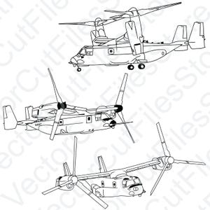 May include: A black and white line drawing of three different views of a V-22 Osprey tiltrotor aircraft. The aircraft is shown in flight, with its rotors tilted forward for horizontal flight, and with its rotors tilted upward for vertical flight. The aircraft has a distinctive, boxy fuselage and a large, single-rotor tail.