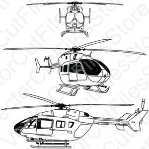 Puede incluir: Un dibujo en blanco y negro de un helicóptero desde tres ángulos diferentes. El helicóptero es una aeronave pequeña de un solo motor con un rotor de cola.