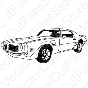 May include: A black and white line drawing of a classic muscle car. The car has a long hood, a rounded front end, and a sporty design.