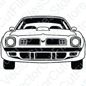 May include: Black and white line art illustration of a classic muscle car, a front view of a Pontiac Trans Am with a black grille and headlights.