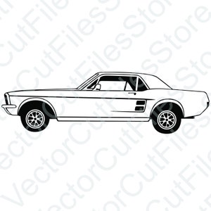 Puede incluir: Un dibujo en blanco y negro de un coche clásico, un Ford Mustang coupé de la década de 1960.