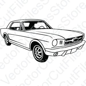 Peut inclure: Un dessin au trait noir et blanc d'une voiture classique, une Ford Mustang vintage.