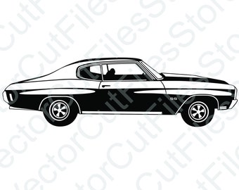 May include: Black and white silhouette of a classic American muscle car. The car has a long hood, a rounded roofline, and a distinctive rear end. The car is a side profile view and has the text "SS" on the side.