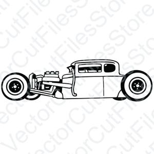 May include: A black and white line drawing of a vintage hot rod car with a chopped top, large rear wheels, and a visible engine.