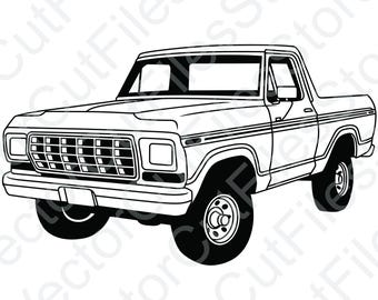 Puede incluir: Un dibujo en blanco y negro de una camioneta Ford vintage. La camioneta tiene un capó largo, una parrilla grande y una cabina simple. La camioneta está de frente y tiene una plataforma.