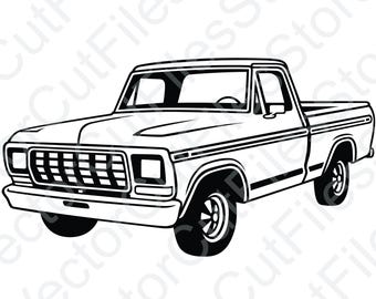 Puede incluir: Un dibujo en blanco y negro de una camioneta vintage. La camioneta tiene una cama larga y una parrilla grande con un diseño de barra horizontal.