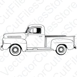 Puede incluir: Un dibujo en blanco y negro de una camioneta vintage. La camioneta tiene un capó largo, una cabina simple y una plataforma.