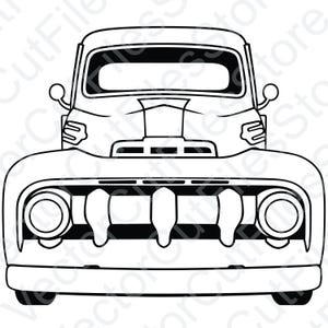 Könnte beinhalten: Schwarz-weiß-Zeichnung eines Oldtimer-Pickups. Der LKW hat eine große, abgerundete Motorhaube mit einem markanten Kühlergrill und Scheinwerfern. Der LKW ist nach vorne gerichtet, und die vordere Stoßstange ist sichtbar.