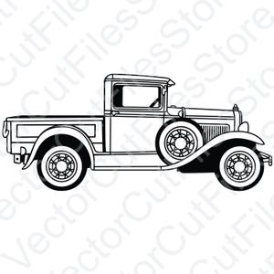 May include: A black and white line drawing of a vintage pickup truck. The truck has a flatbed and a cab with a single door. The truck has large wheels and a spare tyre mounted on the back.