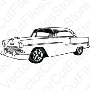 May include: A black and white line drawing of a classic 1950s American car. The car has a long, sleek body with a large, chrome grille and a single, round headlight on each side. The car is sitting on four wheels with whitewall tires.