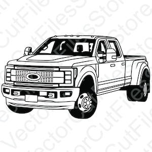Pode incluir: Um desenho a preto e branco de uma camioneta Ford F-Series. A camioneta tem uma grelha grande com o logotipo da Ford no centro. A camioneta tem uma cabina dupla e uma caixa longa.
