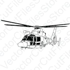 May include: A black and white line drawing of a helicopter. The helicopter has a large, rounded nose and a long, slender tail.