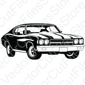 May include: Black and white silhouette of a classic American muscle car. The car has a black body with white racing stripes and a chrome bumper. The car has a 'SS' emblem on the front grille.