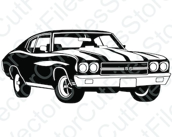 May include: Black and white silhouette of a classic American muscle car. The car has a black body with white racing stripes and a chrome bumper. The car has a 'SS' emblem on the front grille.