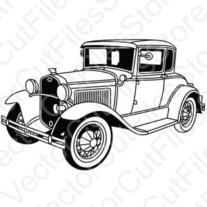 Puede incluir: Ilustración en blanco y negro de un coche antiguo. El dibujo muestra un vehículo clásico con una parrilla delantera detallada, faros redondos y ruedas de radios. El coche tiene techo, ventanillas laterales y parachoques delantero.