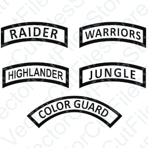 May include: Five black and white arched patches with white text. The patches read "RAIDER", "WARRIORS", "HIGHLANDER", "JUNGLE", and "COLOR GUARD".