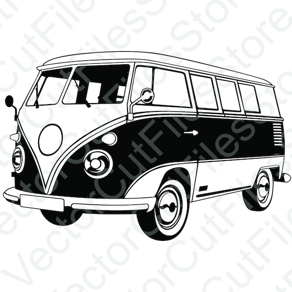 German Classic Camper Van Angled View Vector Cut File