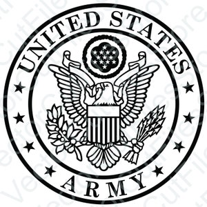 May include: Black and white illustration of the United States Army seal. The seal features an eagle with outstretched wings, a shield with thirteen stripes, a wreath of olive branches, and a bundle of wheat. The words "United States Army" are written around the outside of the seal.