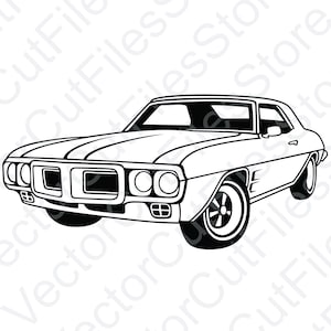 Peut inclure: Illustration en noir et blanc d'une voiture de muscle classique. La voiture a un long capot, une grande calandre et une carrosserie arrondie. La voiture est de face et les phares sont visibles.