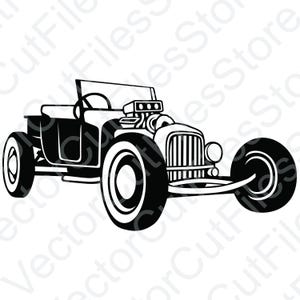Può includere: Silhouette in bianco e nero di un'auto hot rod d'epoca con ruote grandi e un motore dettagliato.