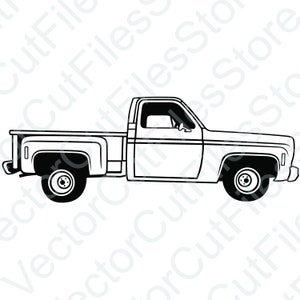 Puede incluir: Un dibujo en blanco y negro de una camioneta vintage. La camioneta tiene una caja larga y una cabina simple. La camioneta está orientada hacia la derecha.