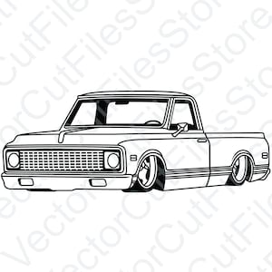 May include: Black and white line art illustration of a classic pickup truck. The truck has a long hood, a large grille, and a single cab. The truck is drawn in a simple, stylized manner.
