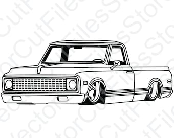 May include: Black and white line art illustration of a classic pickup truck. The truck has a long hood, a large grille, and a single cab. The truck is drawn in a simple, stylized manner.