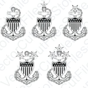 May include: Black and white illustration of five different versions of the Coast Guard insignia. Each insignia features an anchor, a shield with stars and stripes, and a chain. The number of stars above the anchor varies from one to three.