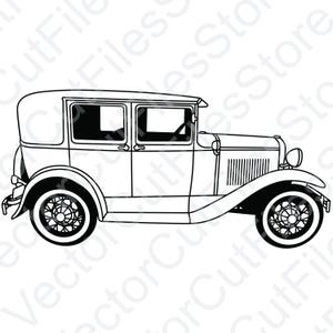 May include: A black and white line drawing of a vintage car, a 1920s Ford Model A, with a closed body and four doors. The car is facing to the right and has a spare tire on the back.