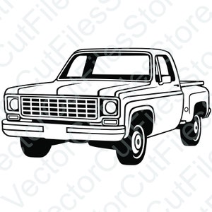 Puede incluir: Un dibujo en blanco y negro de una camioneta vintage. La camioneta tiene una parrilla grande con barras horizontales y una cabina simple con una plataforma.