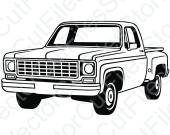 Puede incluir: Un dibujo en blanco y negro de una camioneta vintage. La camioneta tiene una parrilla grande con barras horizontales y una cabina simple con una plataforma.