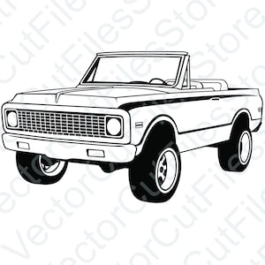 Puede incluir: Ilustración en blanco y negro de un camión de recogida vintage con capota convertible. El camión tiene una parrilla grande y una rueda de repuesto en la parte trasera.