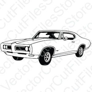 Könnte beinhalten: Schwarz-weiß-Zeichnung eines klassischen Muscle Cars. Das Auto hat eine lange Motorhaube, eine abgerundete Dachlinie und eine große Heckscheibe. Das Auto ist zum Betrachter gerichtet und hat einen detaillierten Kühlergrill.