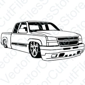 May include: A black and white line drawing of a pickup truck. The truck has a large grille, a long hood, and a bed in the back. The truck is drawn in a realistic style.