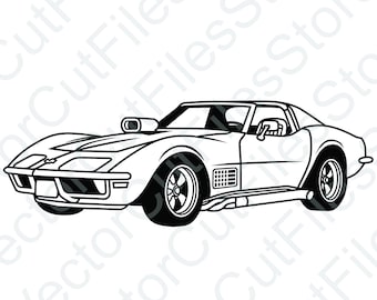 May include: A black and white line drawing of a classic Corvette sports car. The car is viewed from a slightly elevated angle, showing the front and side of the vehicle. The car has a long hood, a low profile, and a distinctive set of wheels.