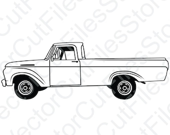 Puede incluir: Un dibujo en blanco y negro de una camioneta vintage. La camioneta está orientada hacia la derecha y tiene una caja larga.